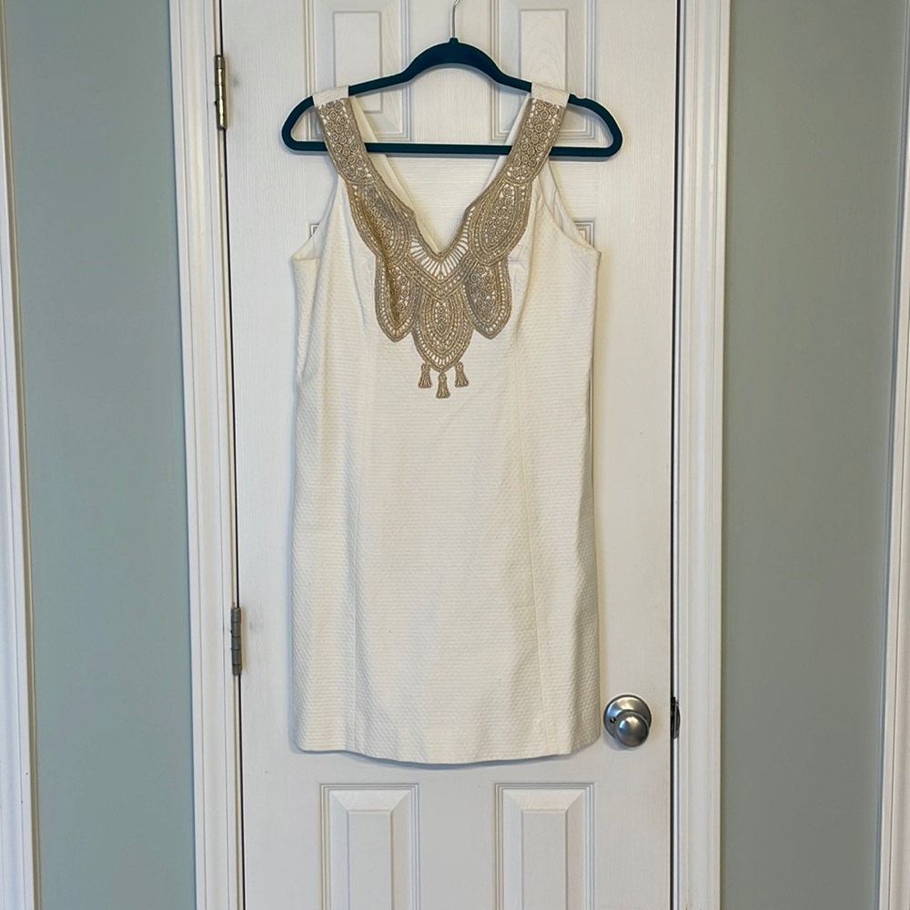 Lilly Pulitzer White and Gold Bridal Shower Shift Dress